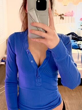 Aerie Blue Ribbed Long Sleeve Henley Top